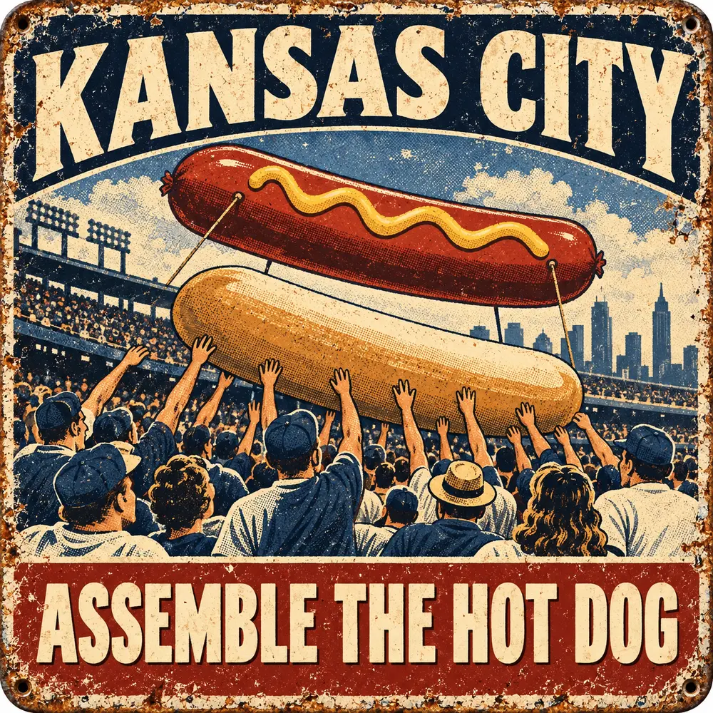 Satirical Blappos illustration: Baseball crowd completes emergency stadium hot-dog assembly