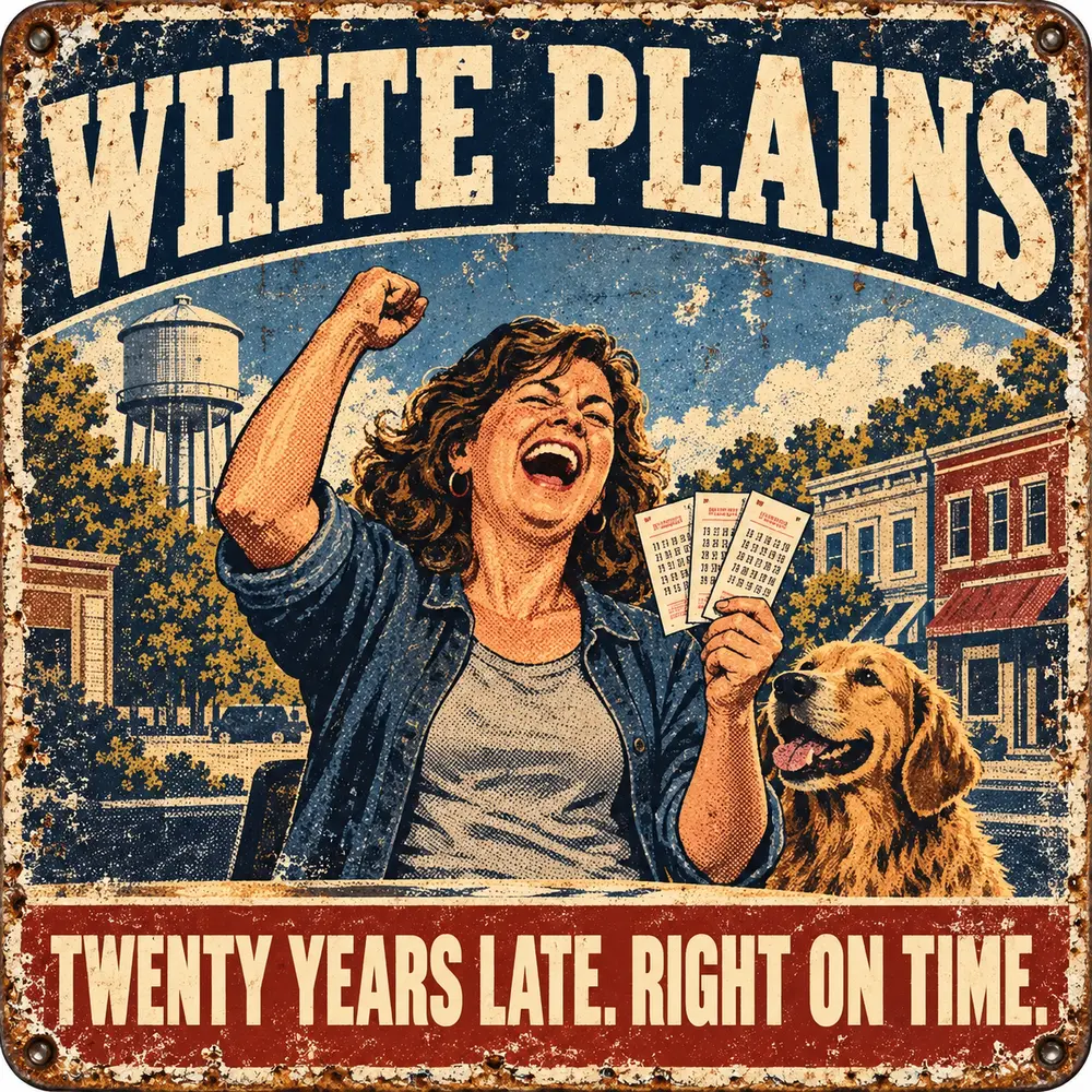 Satirical Blappos illustration: Woman plays same lottery numbers for 20 years and finally wins the argument
