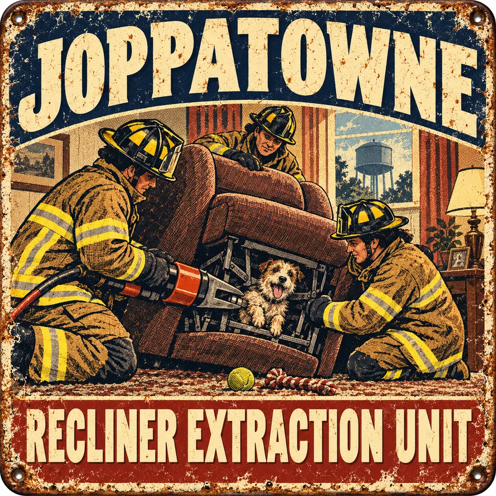 Satirical Blappos illustration: Terrier loses argument with recliner; firefighters escalate immediately