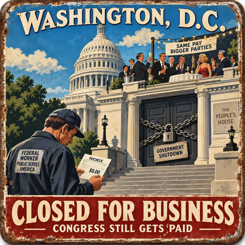 Satirical Blappos illustration: Government closes one department at a time